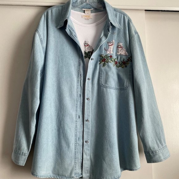 VTG Plus Size Tia Designs Holiday Top/Denim Blouse SET Beaded Embroidered Cat 1X - Picture 10 of 15
